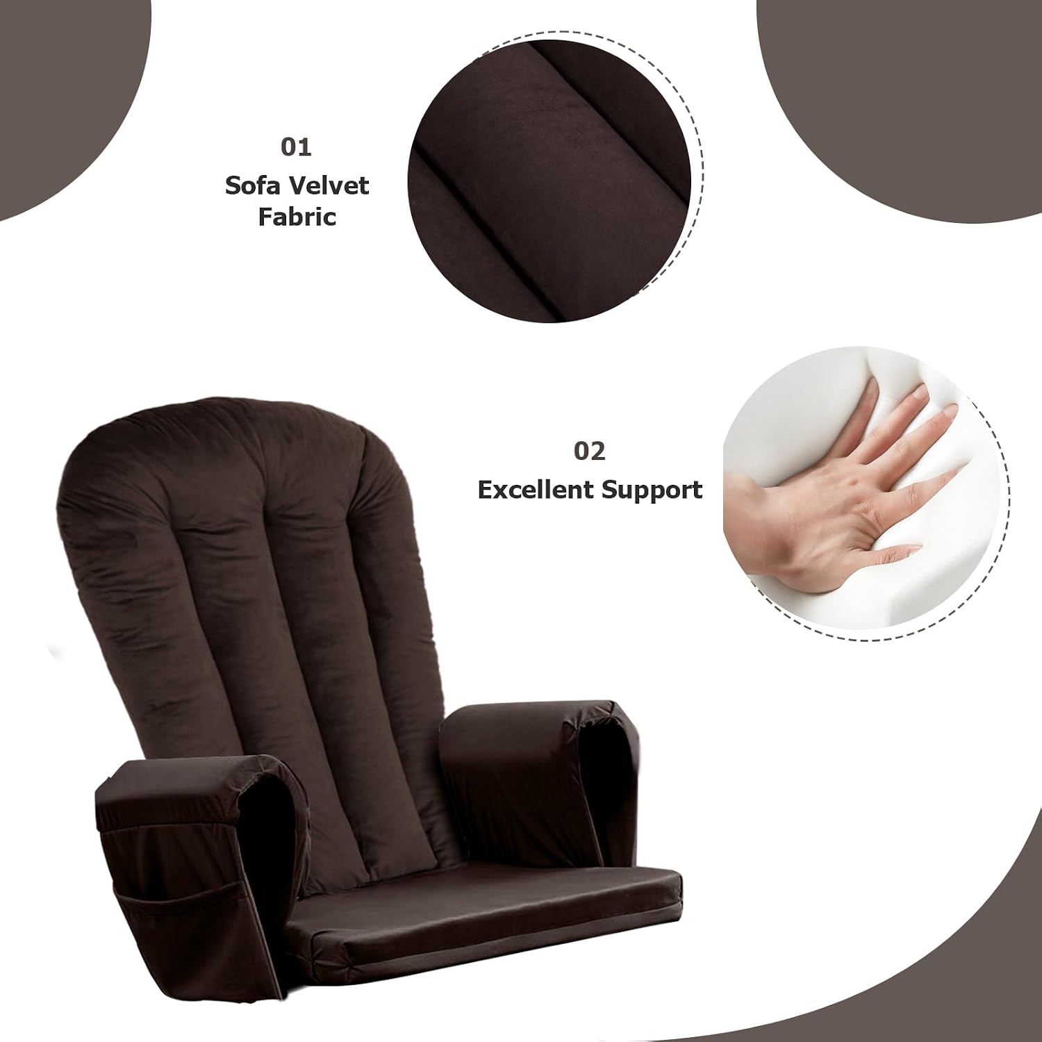 Lucky Monet 5PCS Velvet Glider Rocker Replacement Cushions, Thickened & Supportive Rocking Chair Cushion Set with 29.5 Inch High Backrest & Storage Pockets, for Indoor Nursery Glider, Brown