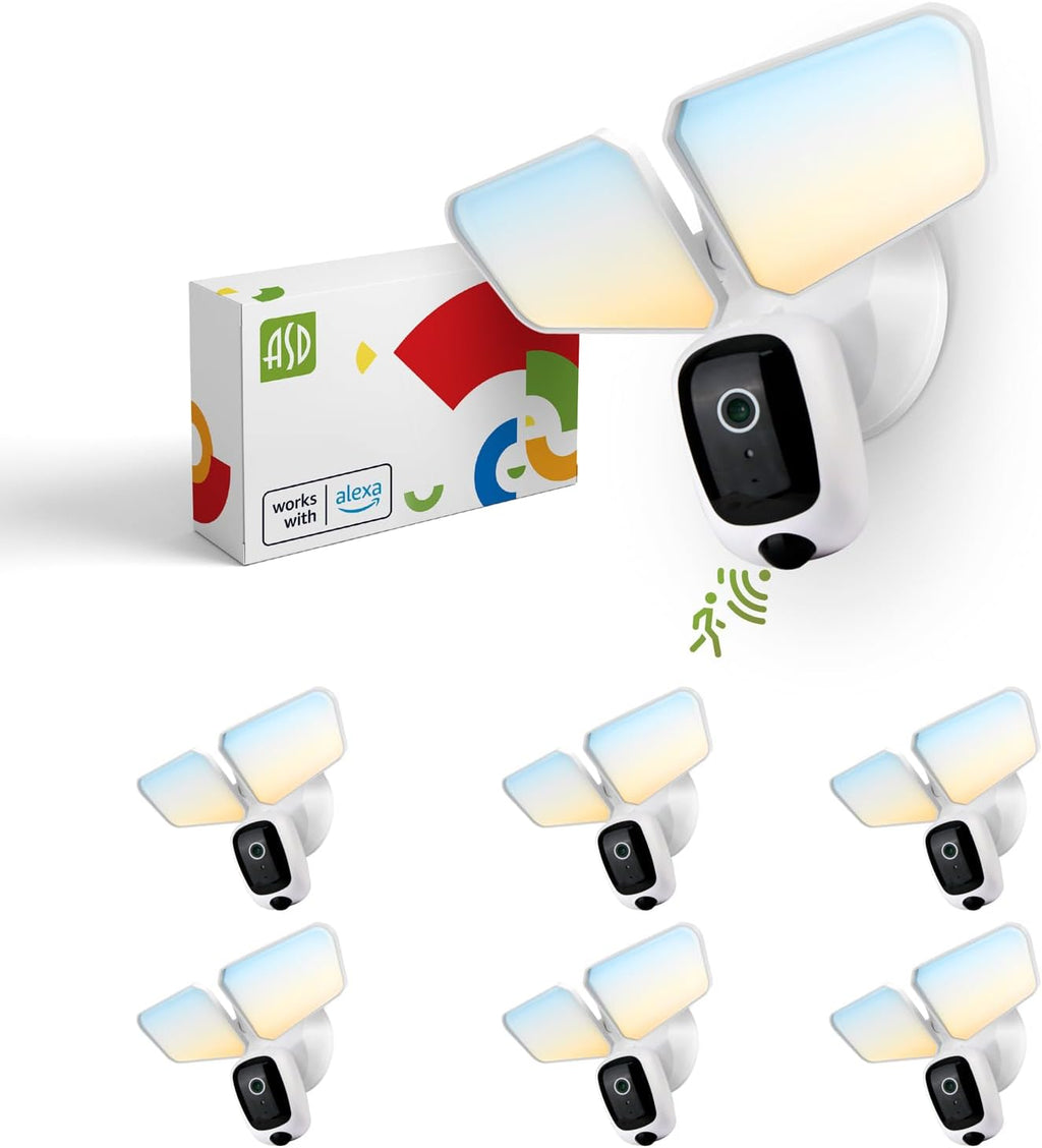 ASD Security Flood Light Camera Outdoor - Smart Floodlight Camera, 180° Motion Sensor Light, Works with Alexa & Google Assistant, 20W 120V 2700-5000K, Dusk to Dawn Lighting, UL, DLC Premium 6 Pack