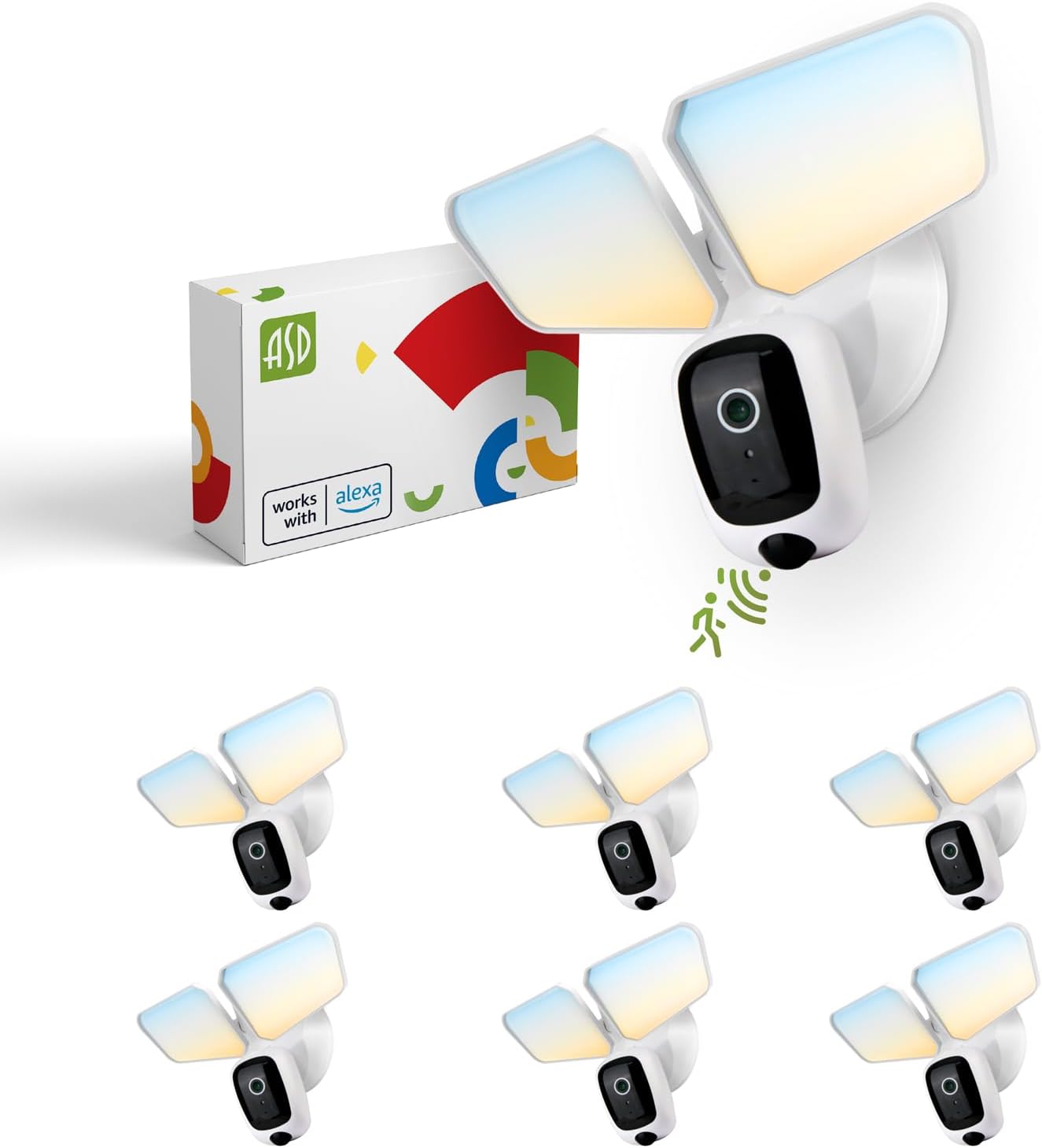 ASD Security Flood Light Camera Outdoor - Smart Floodlight Camera, 180° Motion Sensor Light, Works with Alexa & Google Assistant, 20W 120V 2700-5000K, Dusk to Dawn Lighting, UL, DLC Premium 6 Pack