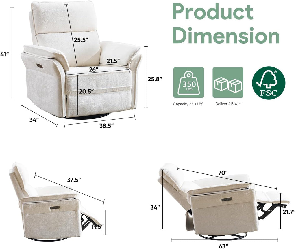 Oversized Rocking Chair Nursery with Massage and Heat, Glider Recliner Nursery Chair with Adjustable Headrest, Power Swivel Rocker Recliner Chair with USB Port, White