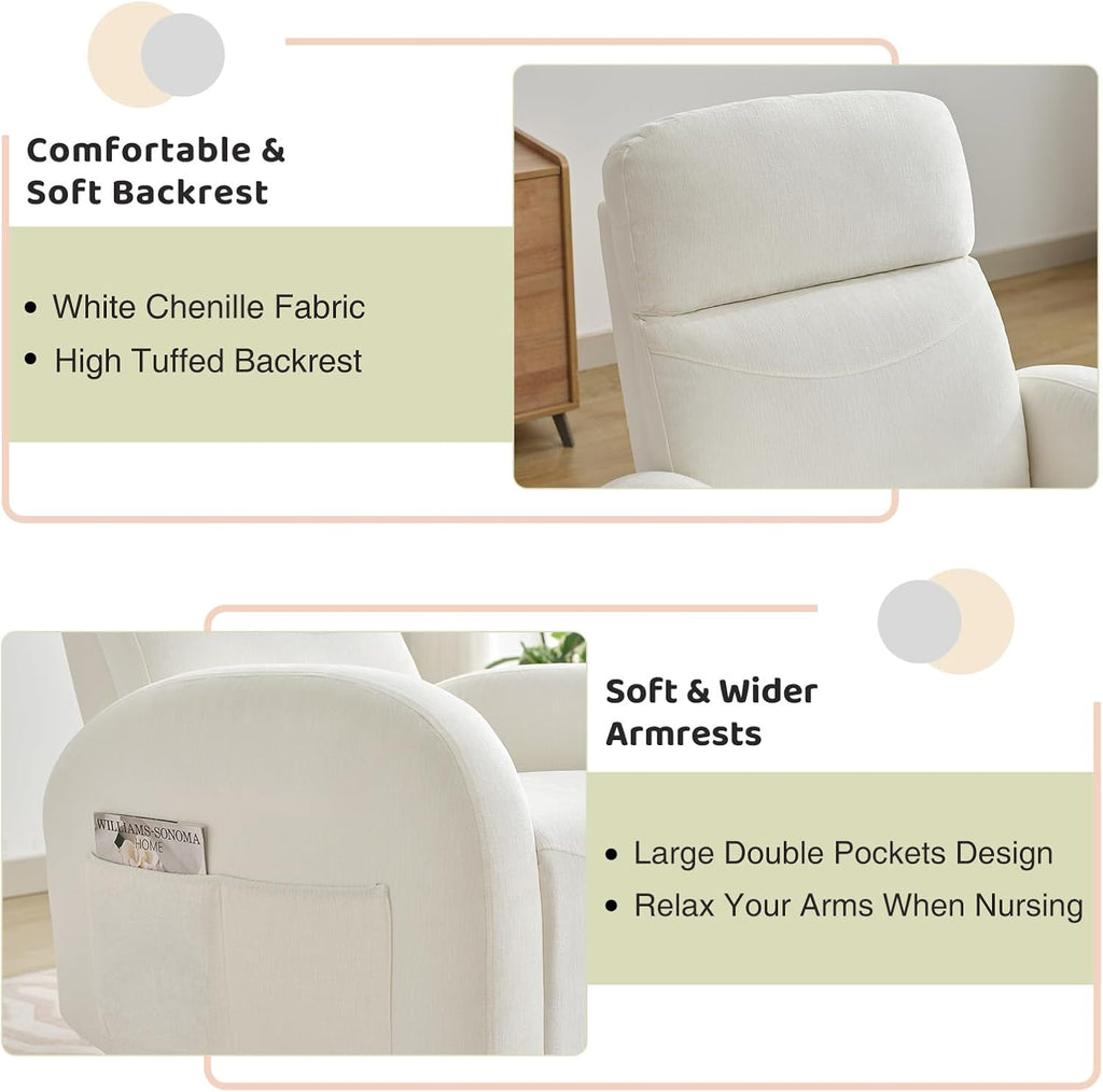 Swivel Recliner Rocker Nursery, Chenille Nursering Glider Recliner, Manual Swivel Rocking Reclining with Double Pockets for Living Room, Cream White