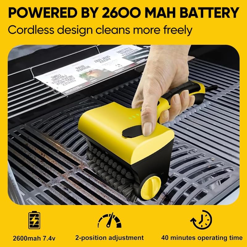 Cordless Electric Grill Cleaner - 360° Rotating BBQ Brush with Replacement Bristles, Safe for Charcoal & Gas Grates, Effortless Cleaning for Perfect Grilling