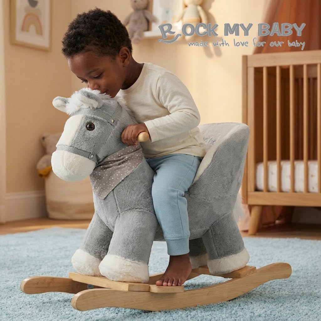 Rock My Baby Rocking Gray Horse with Chair, Plush Stuffed Rocking Pony with Realistic Sound, Baby Rocker Animal for Toddlers 1-3 Ride on,CPC Certified
