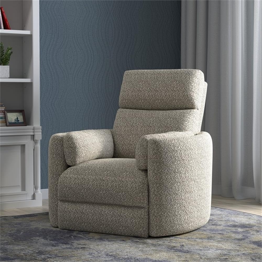 Pemberly Row Contemporary Fabric Swivel Glider Recliner in White with USB Charging Ports and 2 Comfort Pillows for Living Room