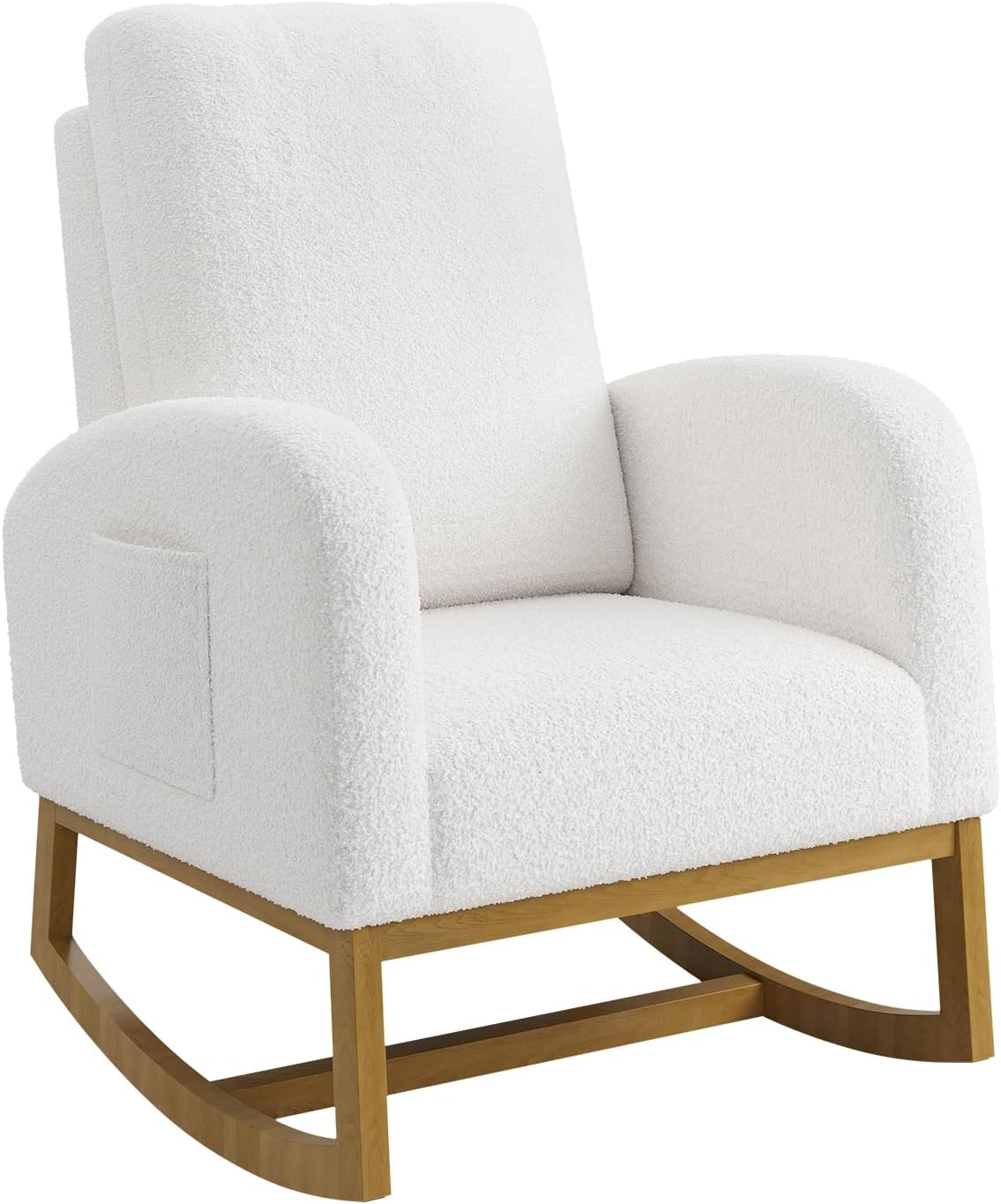 Teddy Upholstered Rocking Chair Nursery, Glider Rocker Chair with High Backrest and Side Pocket, High Back Accent Chair with Wood Legs, Comfy Side Chair for Nursery- White