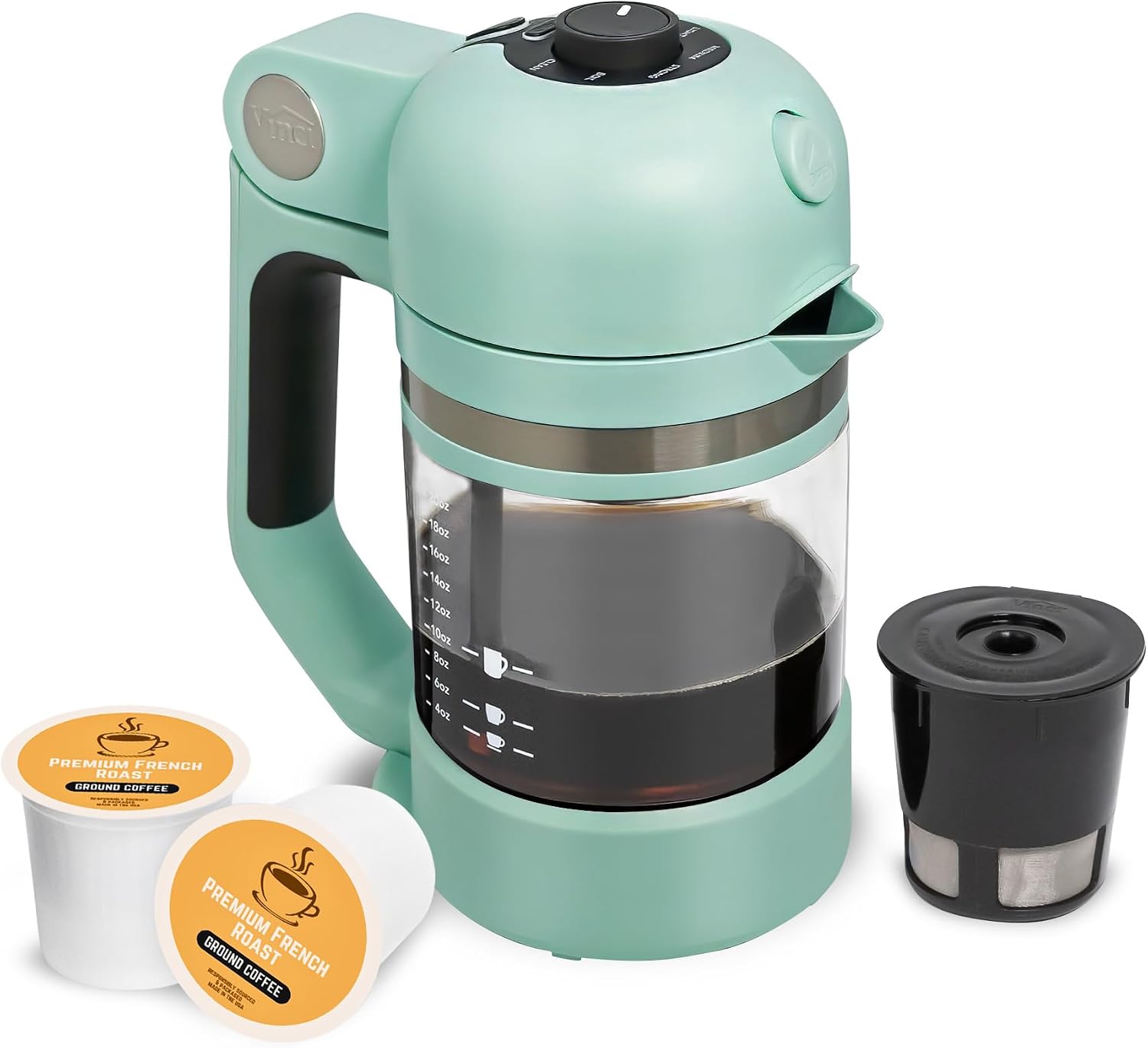 VINCI Micro Café Smallest Single-Serve Glass Coffee Brewer | Compatible with K-Cups, Pods & Ground Coffee | Enclosed & Circle Flow Brewing for Hotter, Richer Flavor | Brews 4oz to 20oz (Oasis)