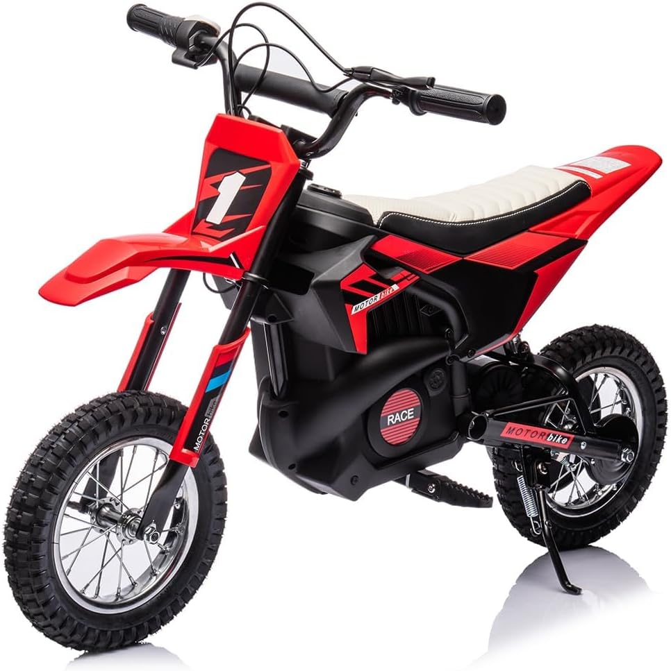 24V Electric Off-Road Motorcycle,250W Motor 13.6MPH Fast Speed Motocross,Leather Seat Dirt Bike,Twist Grip Throttle,Metal Suspension,Air-Filled Tires,for Kids Teens 8+ (Red)
