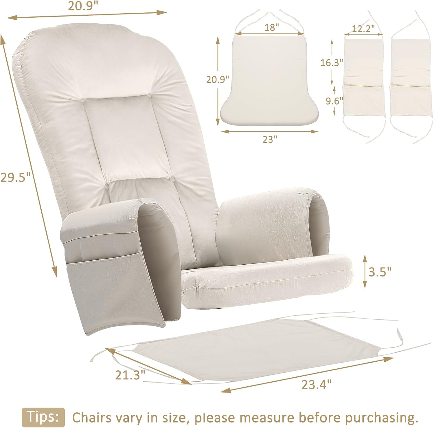 BECHAEO 5PCS Velvet Glider Rocker Replacement Cushions with Ottoman Cover Soft Thicken Rocking Chair Cushion Set for Indoor Nursery Glider Rocking Chair, Beige