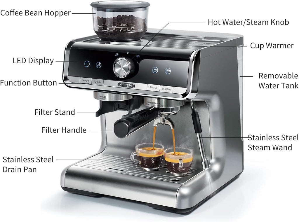 HIBREW H7 - Espresso Machine with Grinder, 58mm Coffee Machine with Milk Frother for Making Cappuccino, Latte, and American Coffee.