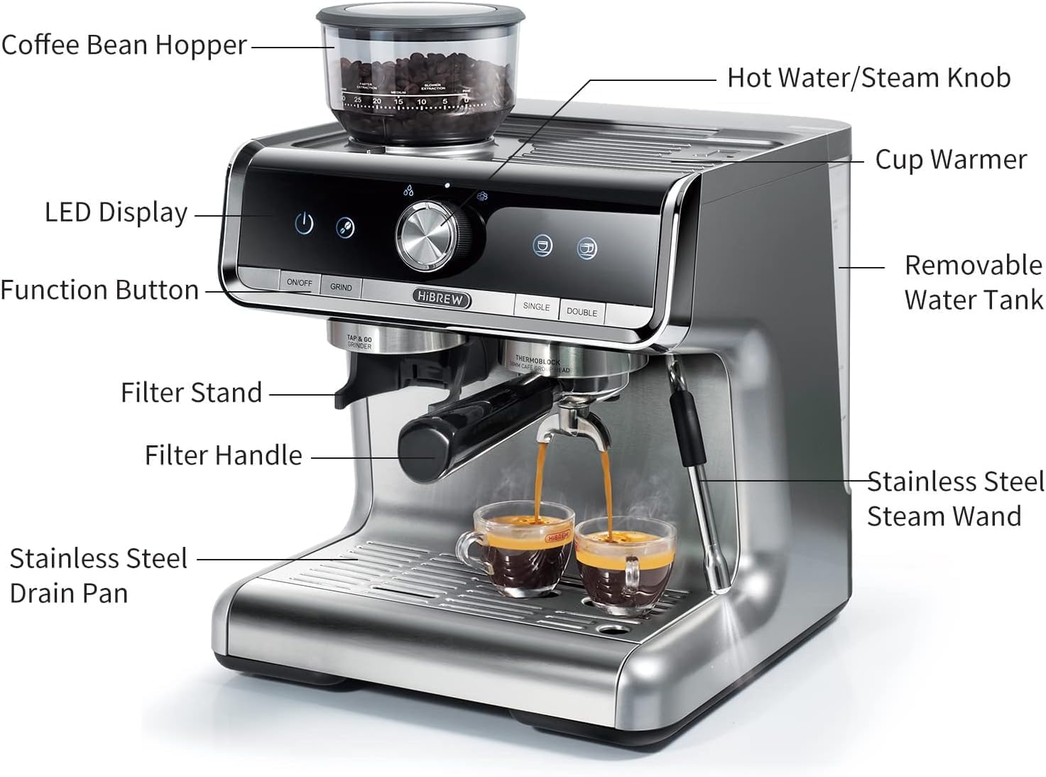HIBREW H7 - Espresso Machine with Grinder, 58mm Coffee Machine with Milk Frother for Making Cappuccino, Latte, and American Coffee.