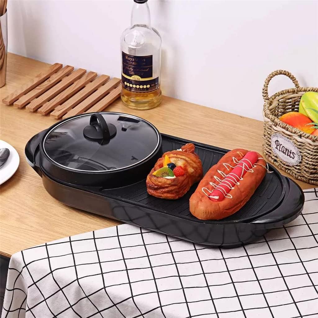 2 in 1 2000W Electric Grill Hot Pot Barbecue Multifunction Buffet Hot Pot BBQ Griddle for Gatherings Party (Black 22.8 * 12 inches) (Black 22.8 * 12 inches)