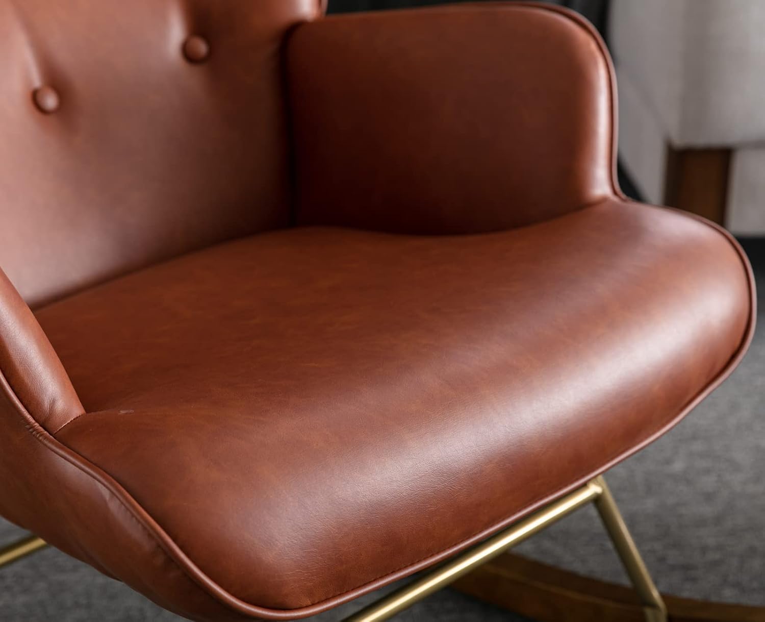 EALSON Nursery Rocking Chair Leather Upholstered Lounge Chair Tufted Wingback Accent Rocker Chair with Wooden Base Modern Comfy Armchair for Bedroom Living Room,PU Brown
