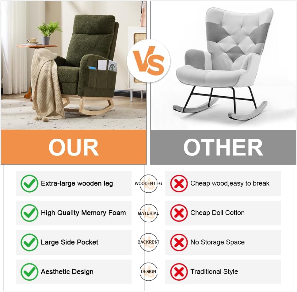 Rocking Chair Nursery with Foot Rest, Sherpa Nursing Rocking for Mom Nursery Rocker Chair with High Backrest, Armchair Rocker Glider with Side Pocket for Living Room, Bedroom, Teddy Green