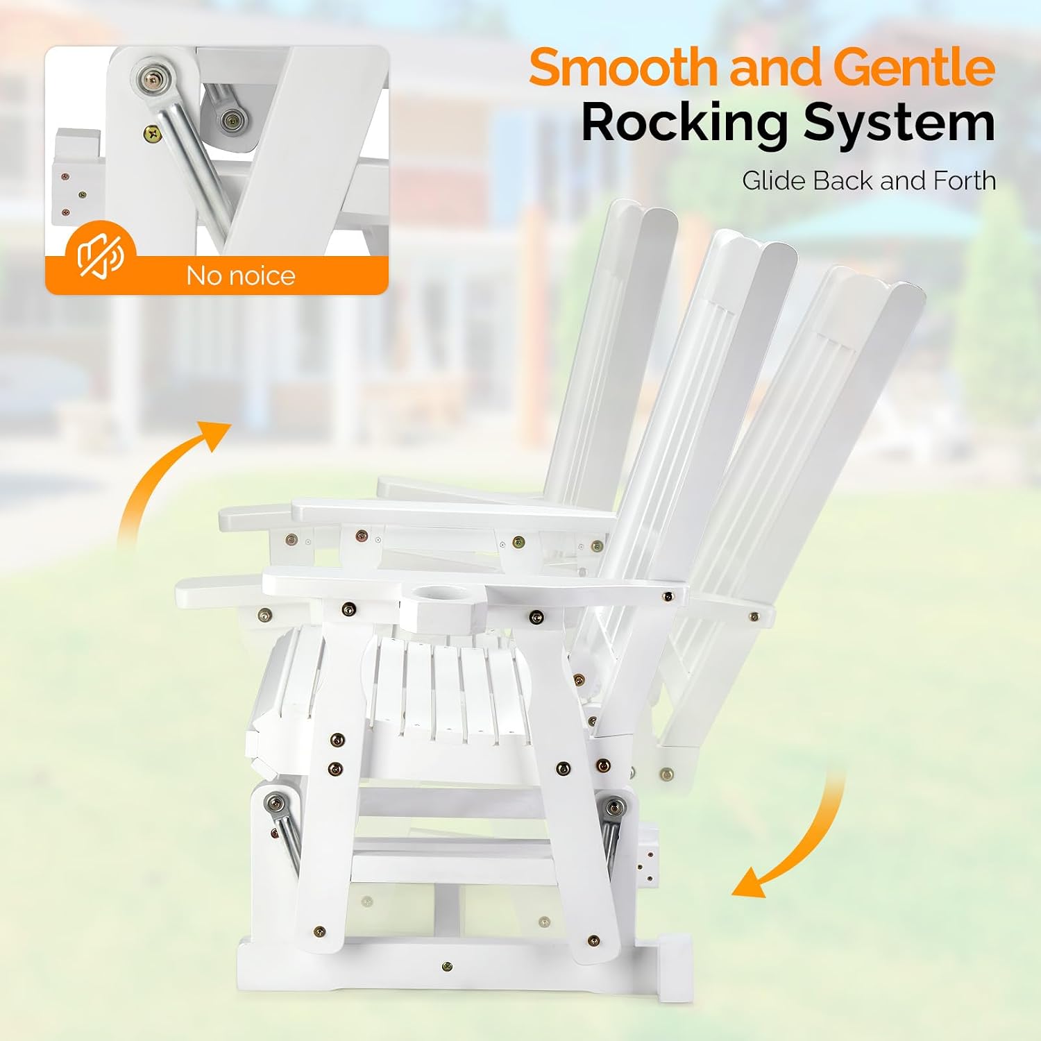 VINGLI Outdoor Glider Chair Wood Patio Glider with Cup Holder, Porch Glider with Smooth Rocking Mechanism, Heavy Duty 600 LBS, White
