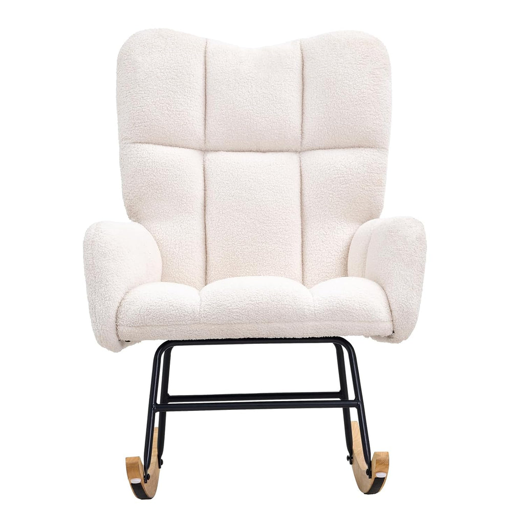 VEVOR Rocking Chair Nursery, Glider Rocking Chair with Soft Seat and High Backrest, 250 lbs Weight Capacity Teddy Fabric, Upholstered Glider Rocker Chair for Nursery, Bedroom, Living Room, Ivory White
