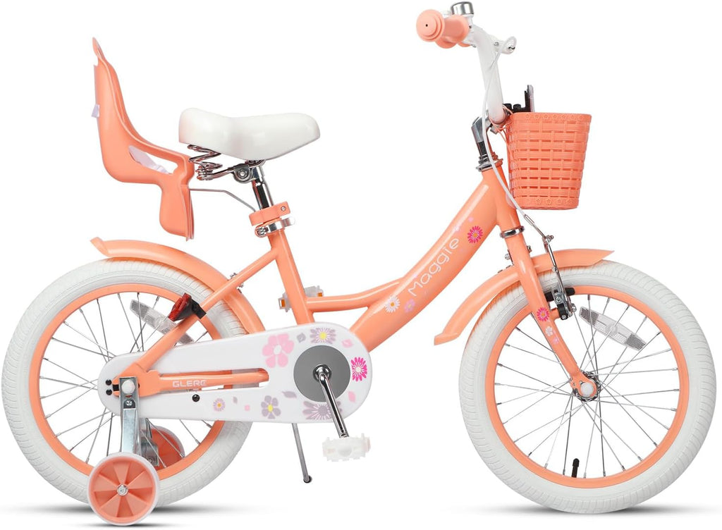 Glerc Maggie Girls Bike, 12-20 Inch Kids Bike for 2-13 Years Old Children, Princess Style Kids Bicycle with Doll-Seat & Basket & Training Wheels, Multiple Colors