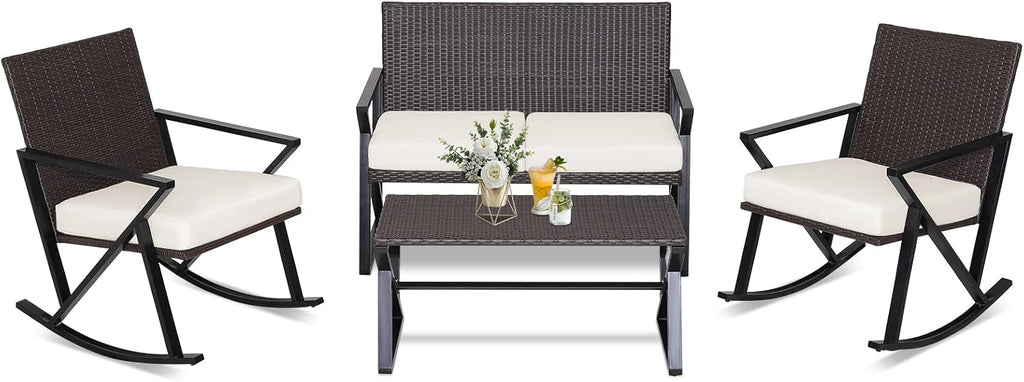 Tangkula 4 Piece Patio Rocking Furniture Set, Patiojoy Heavy Duty PE Wicker Loveseat with 2 Rocking Chairs & 1 Coffee Table, Outdoor Rattan Conversation Set for Porch, Poolside, Balcony