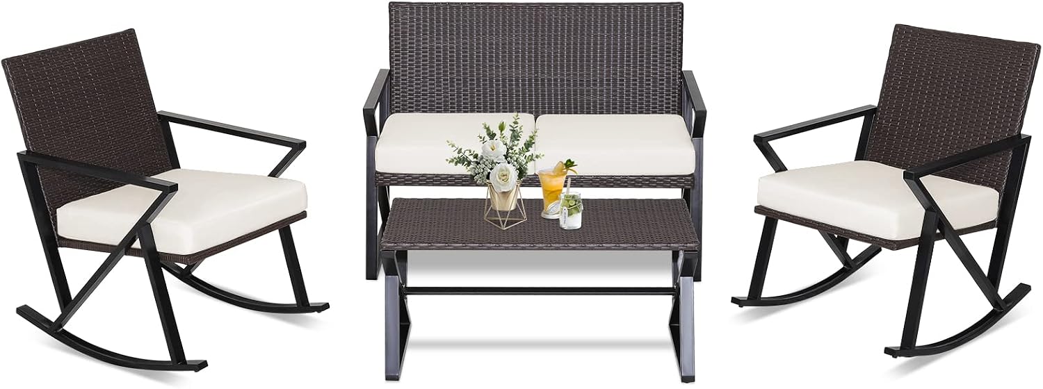 Tangkula 4 Piece Patio Rocking Furniture Set, Patiojoy Heavy Duty PE Wicker Loveseat with 2 Rocking Chairs & 1 Coffee Table, Outdoor Rattan Conversation Set for Porch, Poolside, Balcony