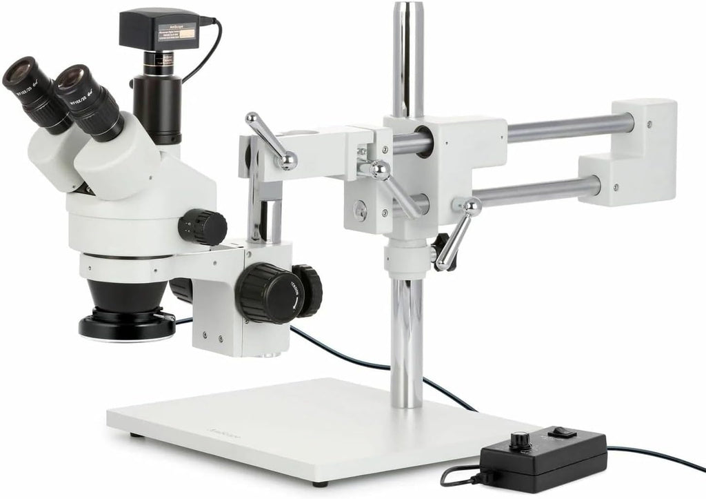 AmScope SM-4T Series Trincocular Simul-Focal Zoom Stereo Microscope 3.5X-90X Magnification with 144 LED Ring Light and 18MP USB 3.0 C-Mount Camera on Double Arm Boom Stand