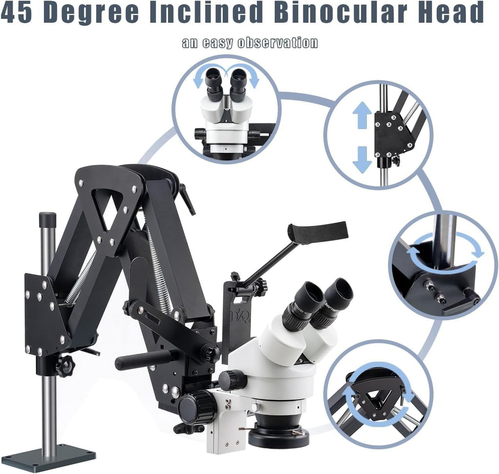 DZQ Multi-Directional Microscope with Spring Bracket, 7X-45X Magnification Jewelry Microscope, Micro Jewelry Inlaid Stand with Ring LED Light