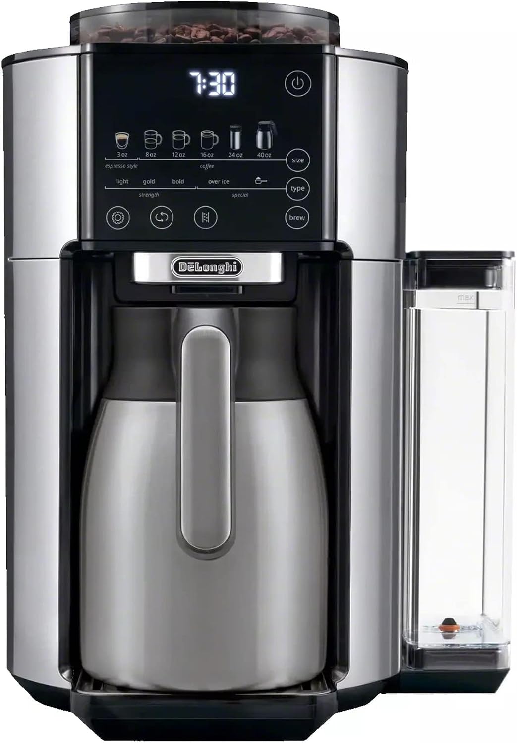 De'Longhi TrueBrew Drip Coffee Maker, Built in Grinder, Single Serve, 8 oz to 24 oz with 40 oz Carafe, Hot or Iced Coffee, Stainless,CAM51035M, Silver/Black