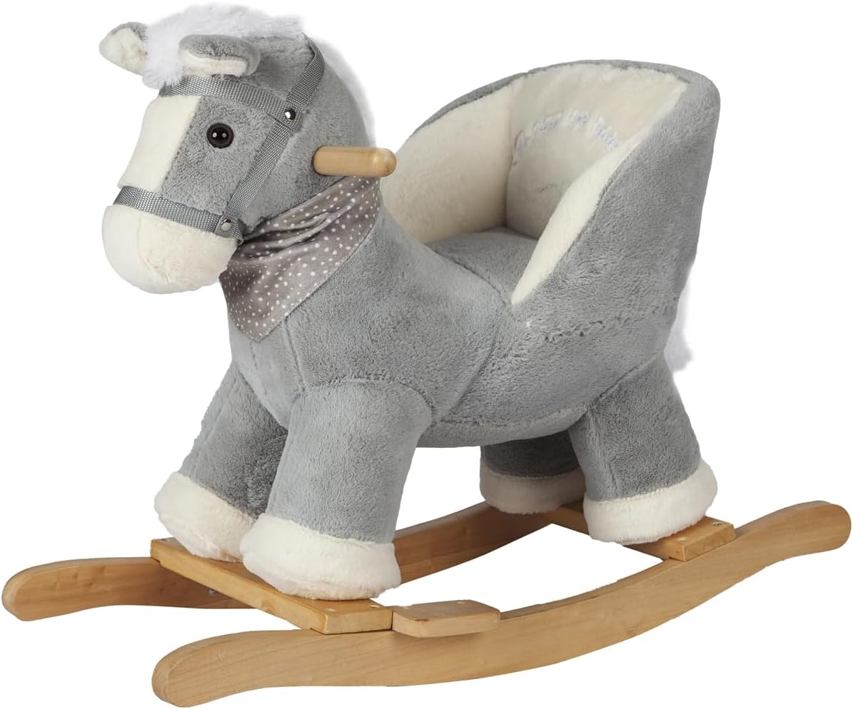Rock My Baby Rocking Gray Horse with Chair, Plush Stuffed Rocking Pony with Realistic Sound, Baby Rocker Animal for Toddlers 1-3 Ride on,CPC Certified