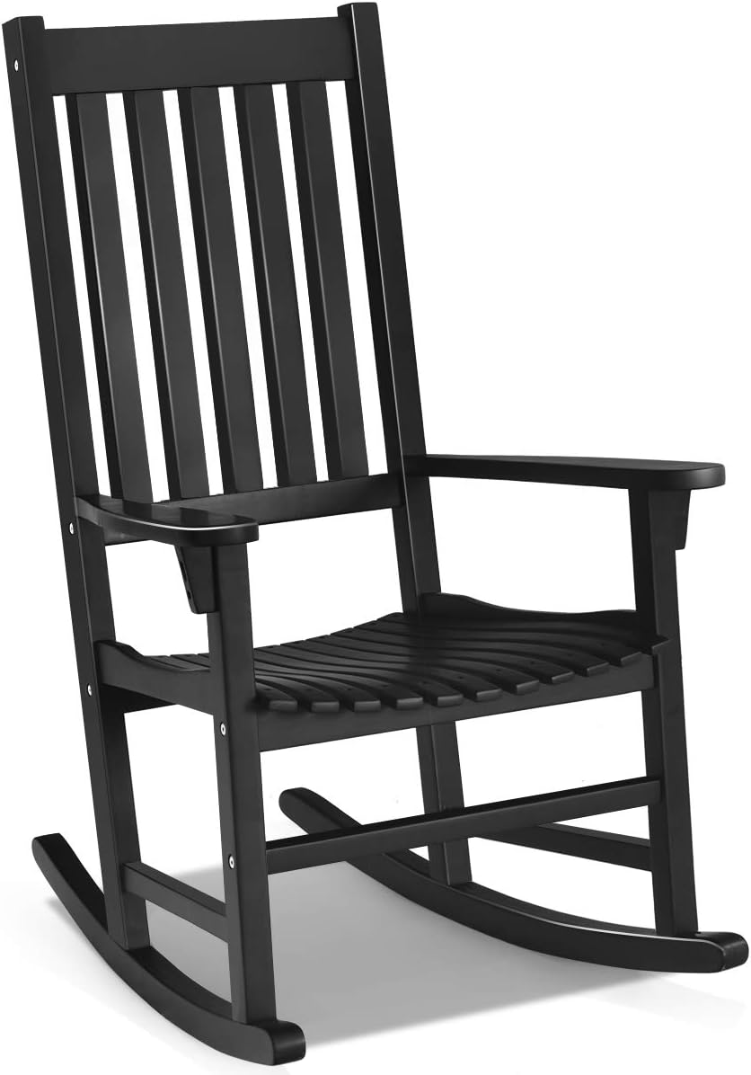 Tangkula Acacia Wood Porch Rocking Chair Set, Wooden Rocking Chair Rocker with High Back & Armrest for Indoor Outdoor Use, Patio Rocker for Garden Lawn Balcony Backyard Poolside (2, Black)