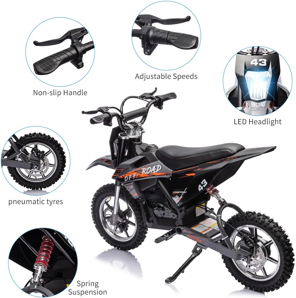 36V Electric Dirt Bike for Kids, Ride on Motorcycle 350W Brushless Motor Fast Speed 15.5MPH with LED Headlight, Leather Seat,Front+Back Brake for Teens Max Load 175lbs,Black