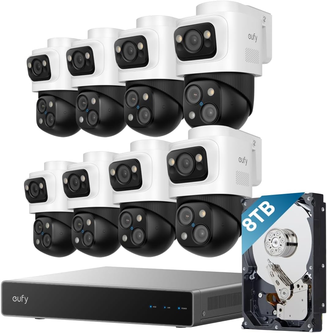 eufy 4K NVR Security Camera System S4 Max, 8 Cam with 8TB HDD, POE, Wired, 24/7 Recording, Triple Lens Bullet-PTZ Cam, 360° PTZ, Up to 16CH, Cross-Cam Tracking, 8× Auto Zoom, Smart Video Search