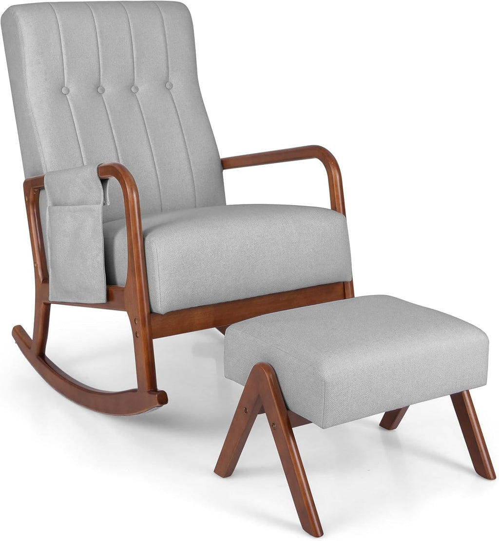 GOFLAME Nursery Rocking Chair with Ottoman, Upholstered Glider Rocker with Tufted High Backrest and Side Pocket, Modern Accent Chair with Footrest, Comfy Armchair for Living Room, Bedroom, Grey