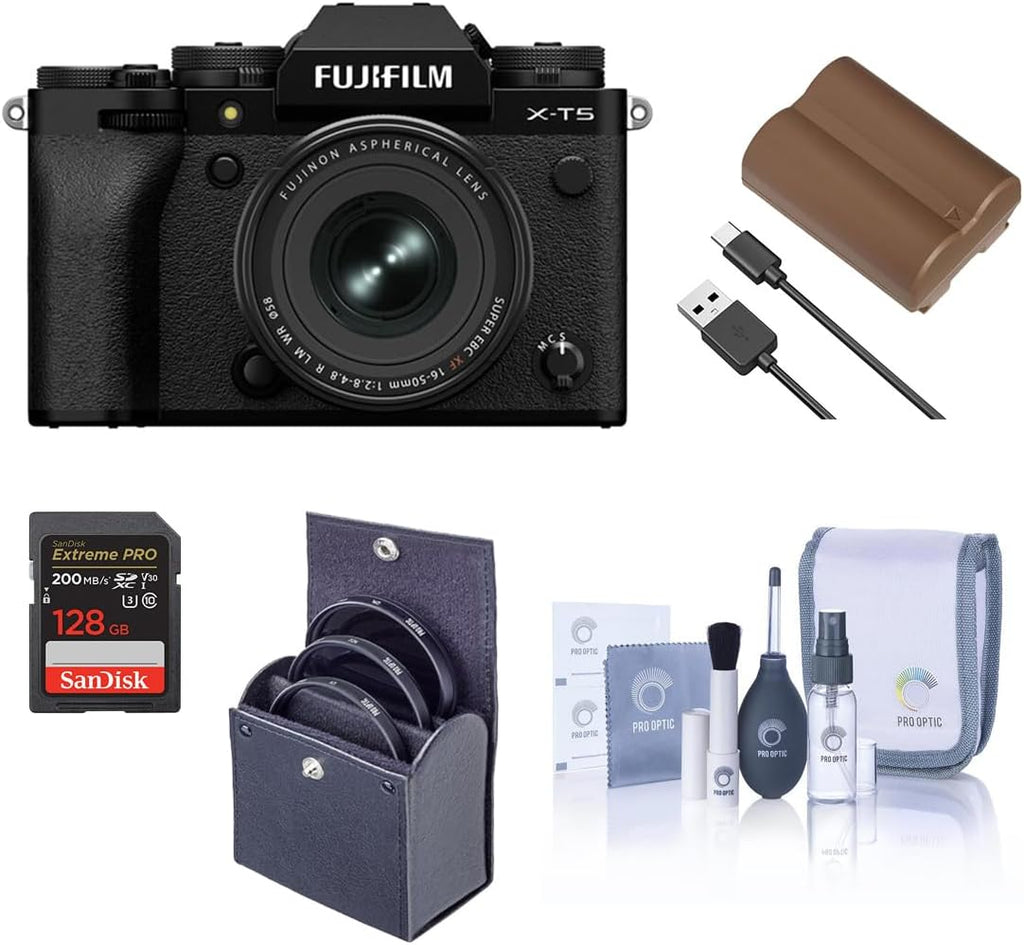 Fujifilm X-T5 Mirrorless Camera, Black with XF 16-50mm f/2.8-4. R LM WR Lens, Bundle 128GB Memory Card, NP-W235 Battery, 72mm Filter Kit, Cleaning
