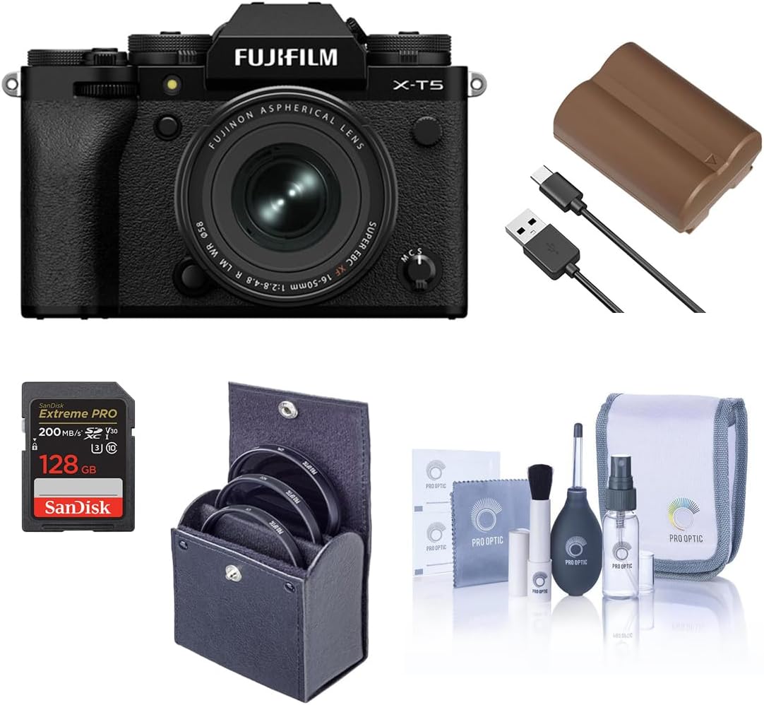 Fujifilm X-T5 Mirrorless Camera, Black with XF 16-50mm f/2.8-4. R LM WR Lens, Bundle 128GB Memory Card, NP-W235 Battery, 72mm Filter Kit, Cleaning