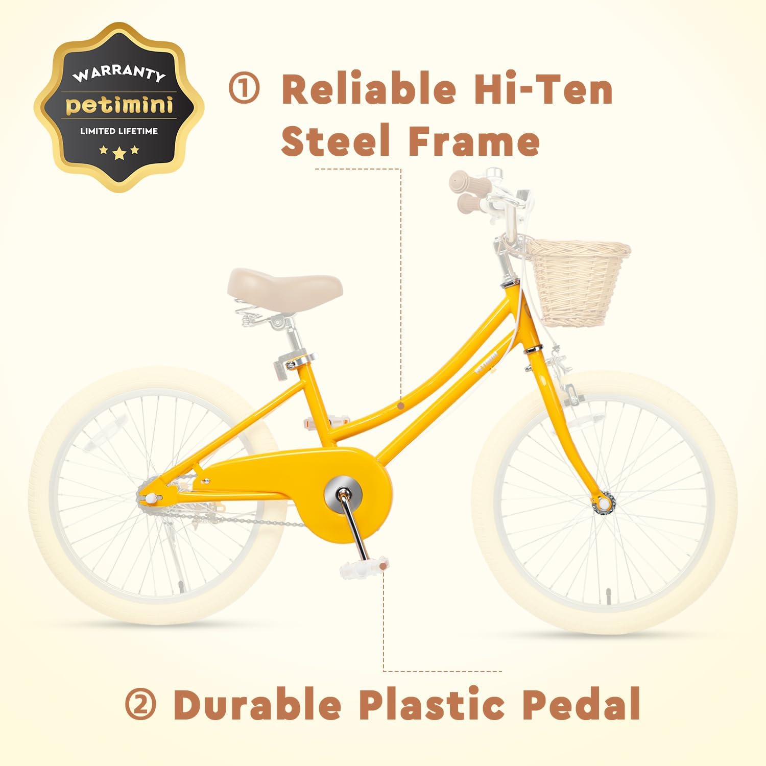 Petimini Vintage Kids Bike for Girls, 12–20 Inch Classic Bicycle with Wicker Basket & Bell, High Tensile Steel Frame, Training Wheels (12–18'), 85% Pre-Assembled, Retro Bike for Outdoor Riding