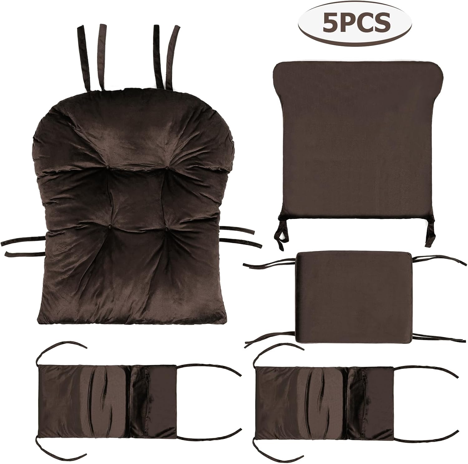 5PCS Glider Rocker Replacement Cushions Thick Soft Velvet Glider Cushions Replacement Set with Ottoman Cushion and Storage Pockets for Nursery Wooden Rocking Chair, Brown