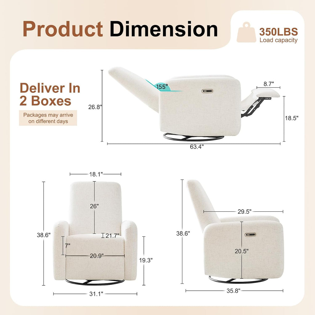 Nursery Rocking Chairs, 270° Oversized Power Swivel Glider Rocker Recliner w/USB & Type-C Charging Port, Rotating Rocking Reclining Nursing Chair for Breastfeeding, Living Room,Bedroom,White