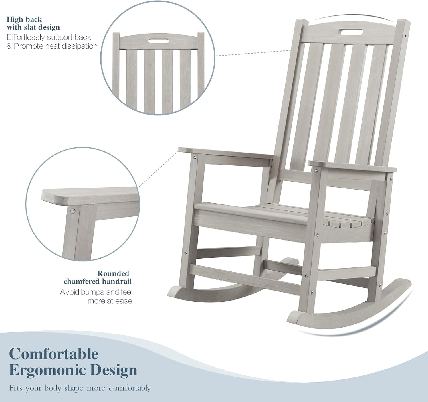 Psilvam Oversized Outdoor Rocking Chair, with 21' Wide Seat and 32' Tall Backrest, Pre-Assembled with Most Components for Effortless Installation (Gray)