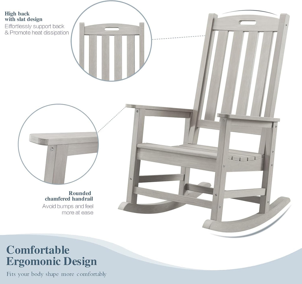 Psilvam Oversized Outdoor Rocking Chair Set of 2, Porch Rocker with 21' Wide Seat and 32' Tall Backrest, Pre-Assembled with Most Components for Effortless Installation (Grey)