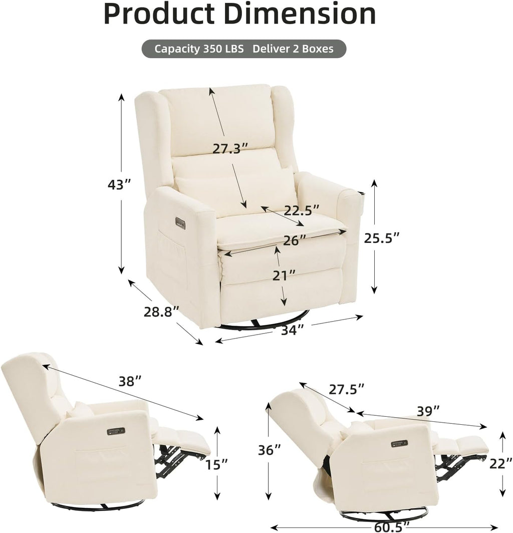 Power Recliner Chair Swivel Glider, Oversized Swivel Rocker Recliner with Adjustable Headrest,Comfy Chenille Glider Rocking Nursery Chair with Overstuffed Lumbar Support, USB Ports, White