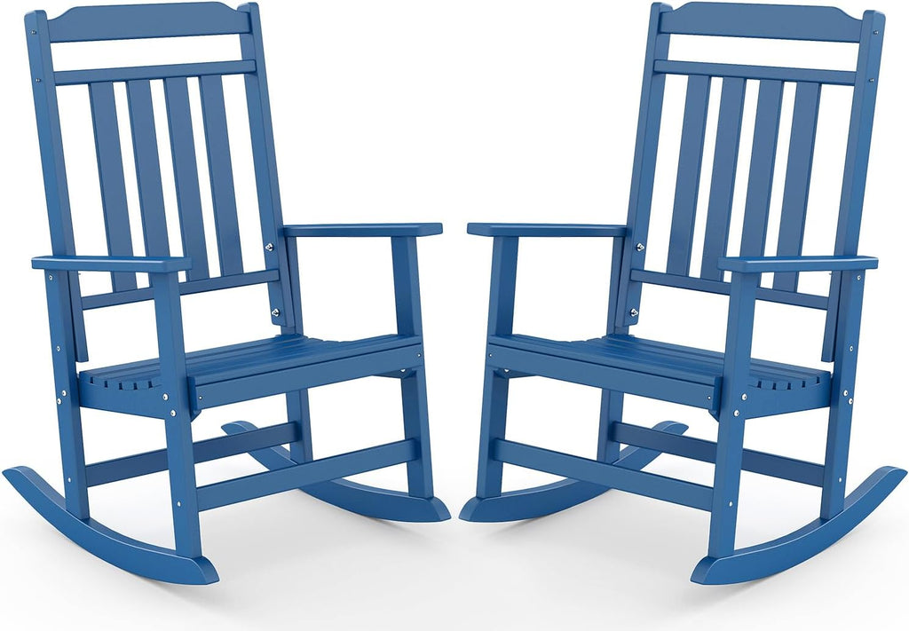 GREENVINES Outdoor-Rocking-Chairs-Set-of-2 | HDPE Plastic | Patio Rockers | Porch Rocker Chair | Oversized | High Back | Big & Tall | Blue