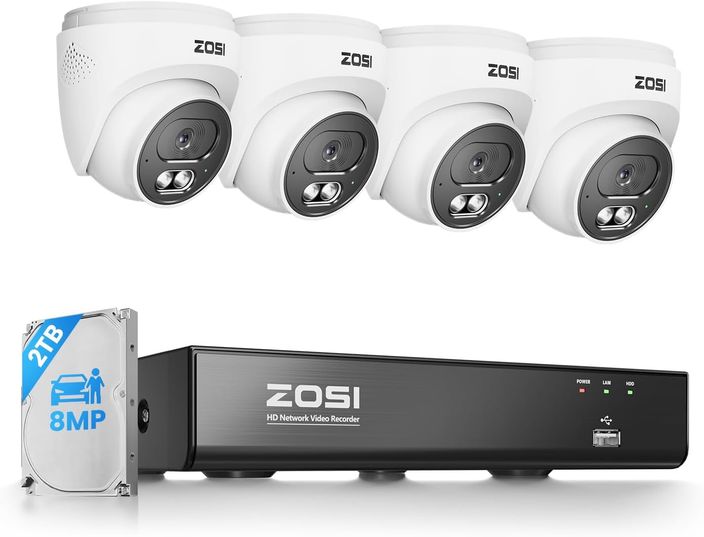 ZOSI C220 4K 8MP 8CH POE NVR Security Camera System (16CH Expandable), 4 x 8MP PoE IP Dome Cameras Outdoor Indoor, AI Human/Vehicle/Face Detection, One-Way Audio, 100ft IR Night Vision, 2TB HDD