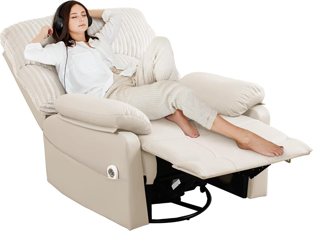 GRAINELL Swivel Rocker Recliner Chair with Massage and Heat, USB Charging Port, Infinite Position Power Recliner, Electric Glider Rocking Chairs for Living Room, Nursery (Lvory)