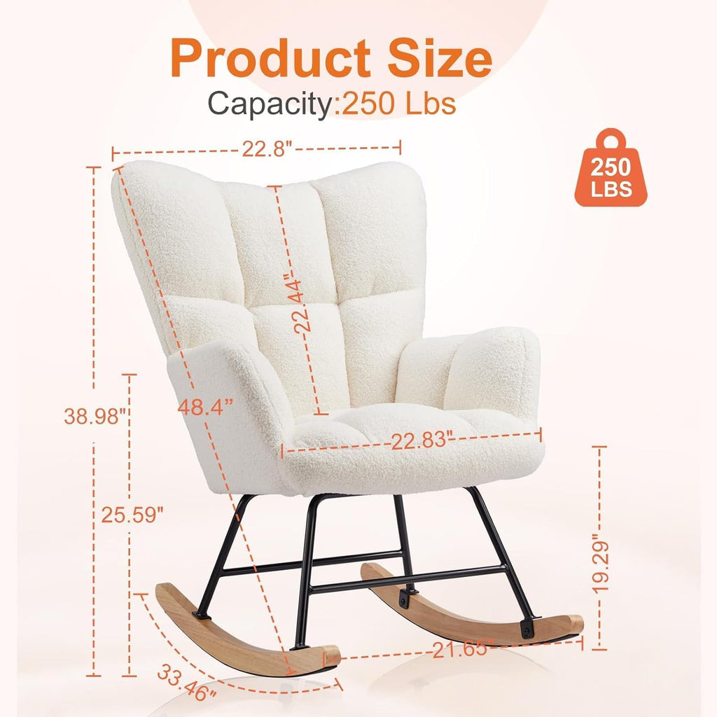 YSSOA Nursery Rocking Chairs, Teddy Upholstered Glider Recliner Rocking Chair with High Backrest Armchair, Comfy Reading Chair Fluffy Accent Side Chair for Nursing, Living Room, Bedroom, White