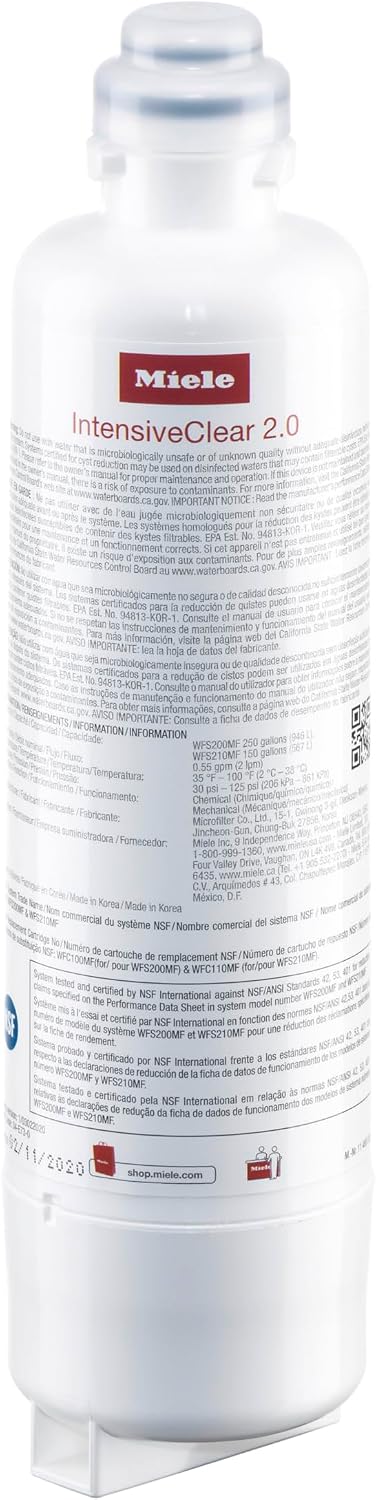Miele Original KWF 2000 IntensiveClear 2.0 Water Filter with Active Charcoal for Miele MasterCool Refrigerators, Flavor-Free Ice and Improved Water Quality – 11480330