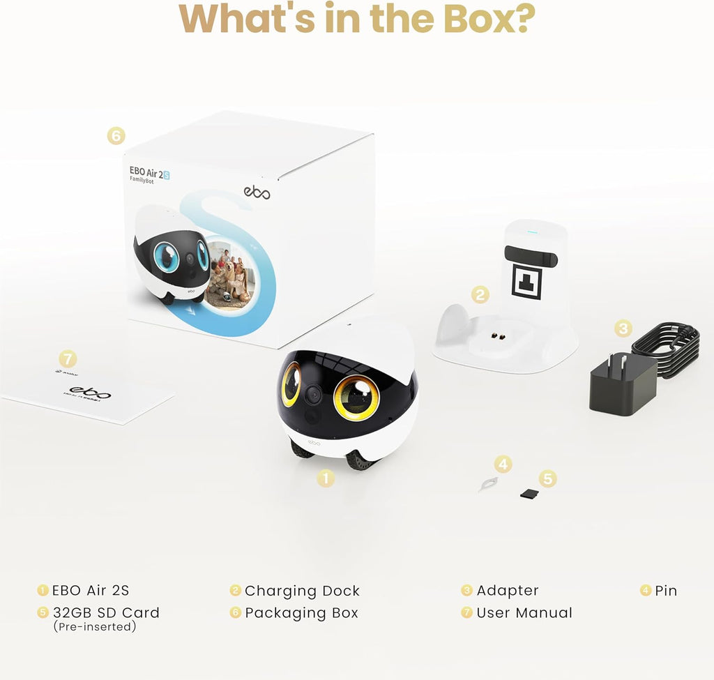 Enabot EBO Air 2S FamilyBot Home Robot Camera: 2.5K Indoor Pet Cam, Movable Robot Camera, 2-Way Video, Auto-Recharge, Long Battery Life, Custom Facial Image, Night Vision