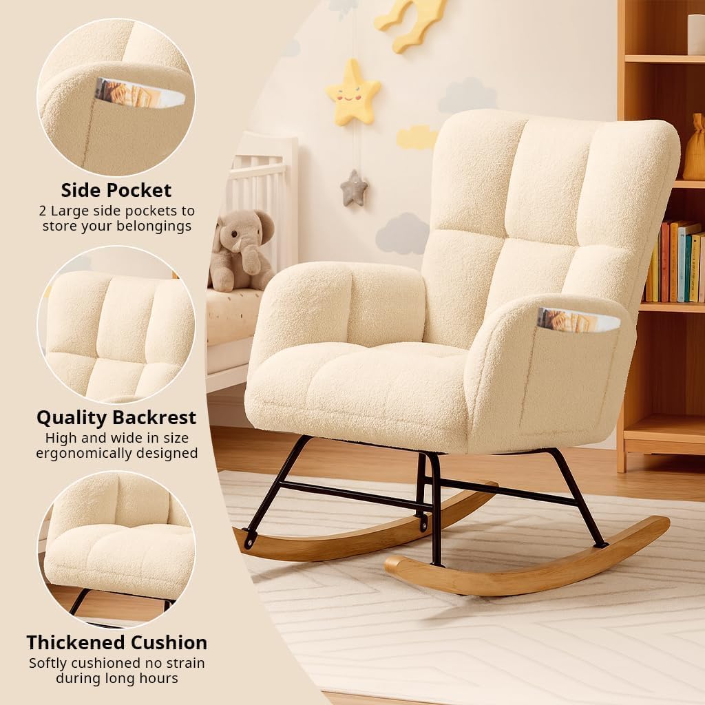 COMHOMA Nursery Rocking Chair with Ottoman,Teddy Glider Rocking Chair,Accent Chair with High Backrest Reading Chair for Adult,Nursery,Bedroom,Living Room,Offices(Beige with Ottoman)