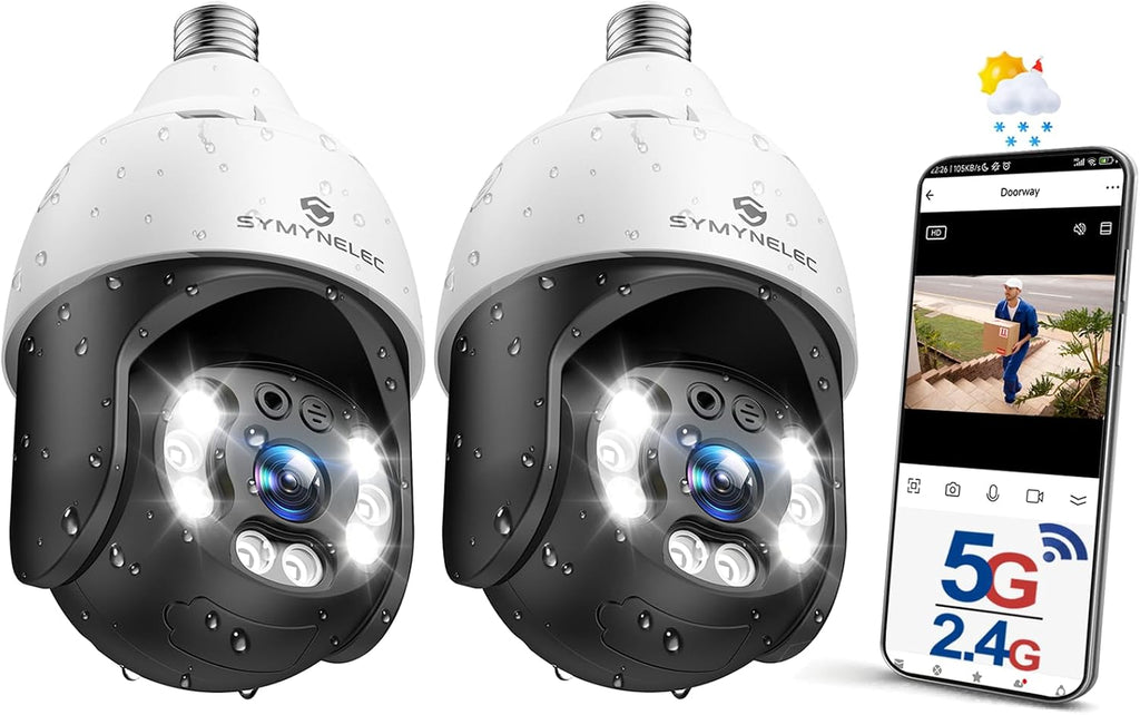 SYMYNELEC 5GHz/2.4GHz Light Bulb Security Camera Outdoor Waterproof 2.5K, 5G Dual Band WiFi Light Socket Security Camera with AI Human Motion Detection Tracking 4MP Color Night Vision Alexa (2 PCS)
