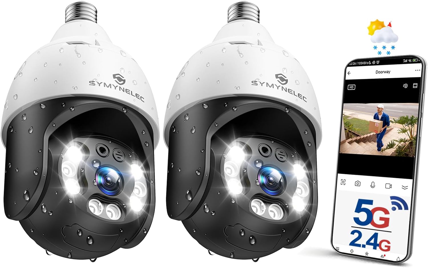 SYMYNELEC 5GHz/2.4GHz Light Bulb Security Camera Outdoor Waterproof 2.5K, 5G Dual Band WiFi Light Socket Security Camera with AI Human Motion Detection Tracking 4MP Color Night Vision Alexa (2 PCS)