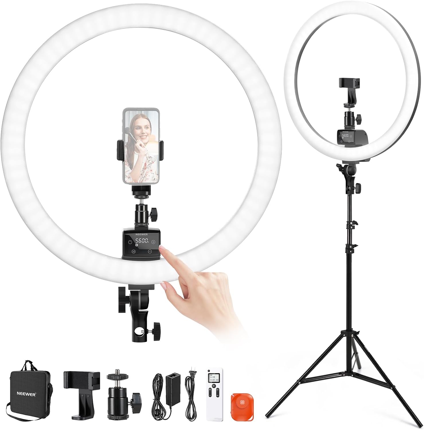 NEEWER Advanced 18' LED Ring Light with Tripod Stand Phone Holder for iPhone Samsung Android Phones for Makeup YouTube Video Blogger Salon (Black)