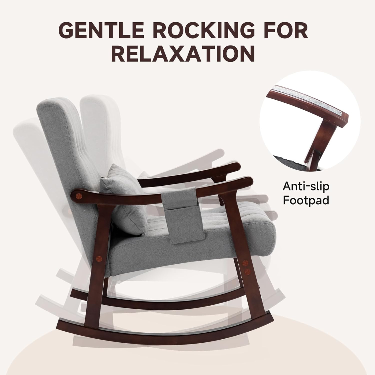 AVAWING Upholstered Rocking Chair Set of 2, Small Fabric Glider Rocker with 2-Point Massage Lumbar Pillow and Solid Wood Legs, for Bedroom and Living Room, Light Grey