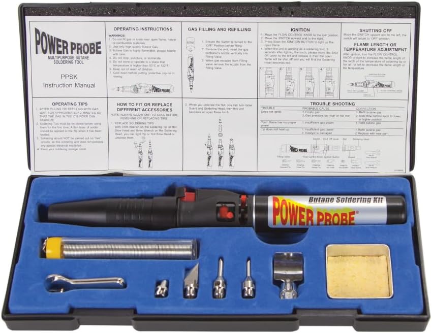 POWER PROBE Butane Soldering Kit (PPSK) [Automotive Diagnostic Car Test Tool, Easy Start Electronic Ignition, Adjustable Flame, with Multiple Tips, Black